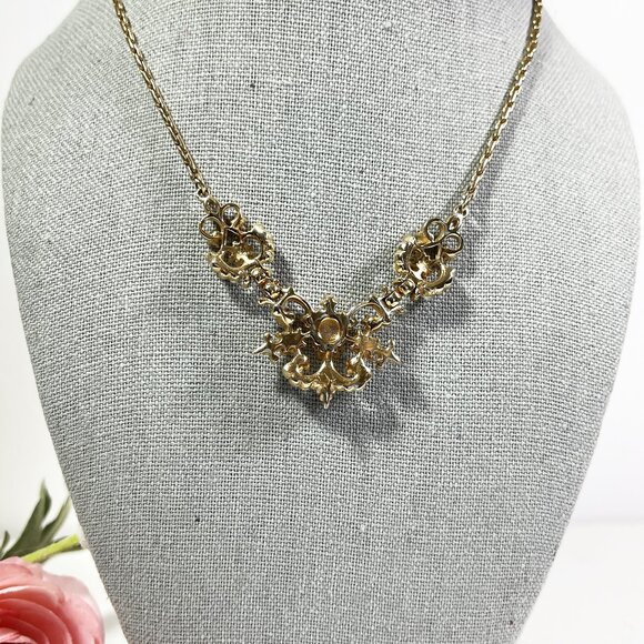 Vintage Estate Necklace Gold Tone Chain Pink Moon Glass Seed Pearls Aqua Crystal - Picture 6 of 9